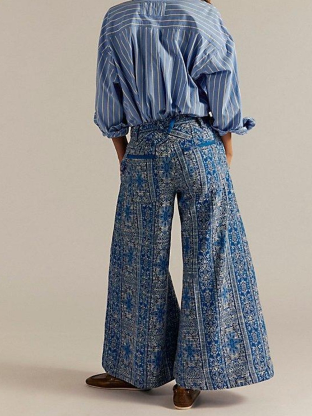 Free People Sz 6 Pants Dahlia Wide-Leg Blue jacquard Boho Hippie Retro Mod Fall - Picture 2 of 11